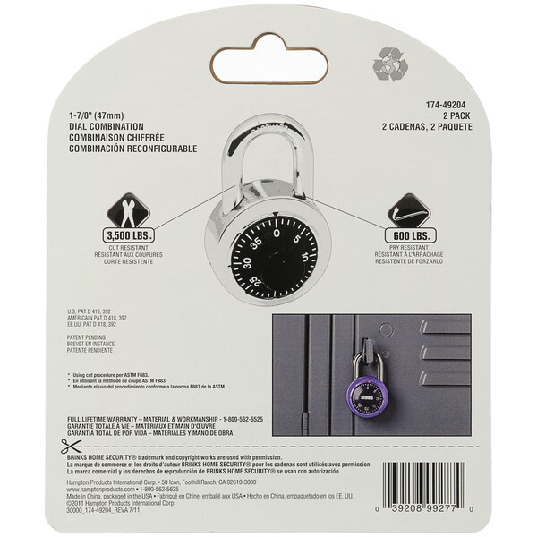Brinks Combination Padlock, Steel, 48mm 2 Pk Combo'd Alike 174-49204 - main